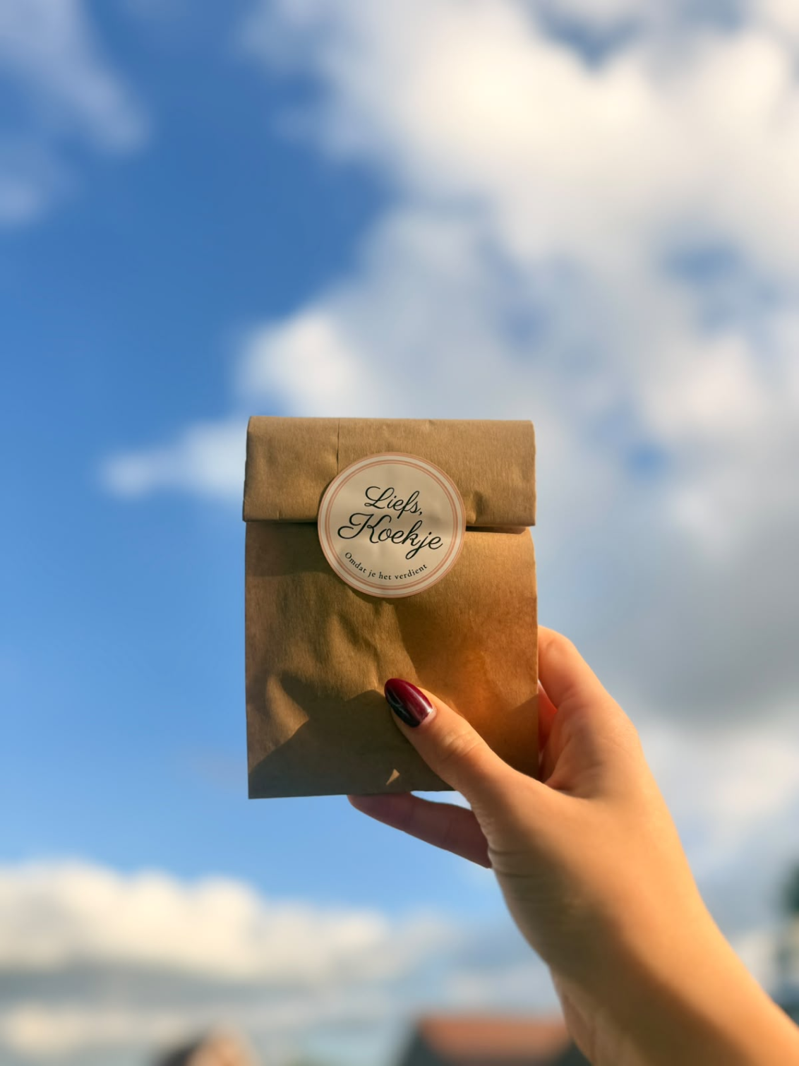 Een zakje koekjes van Liefs, Koekje met het logo als sluitsticker